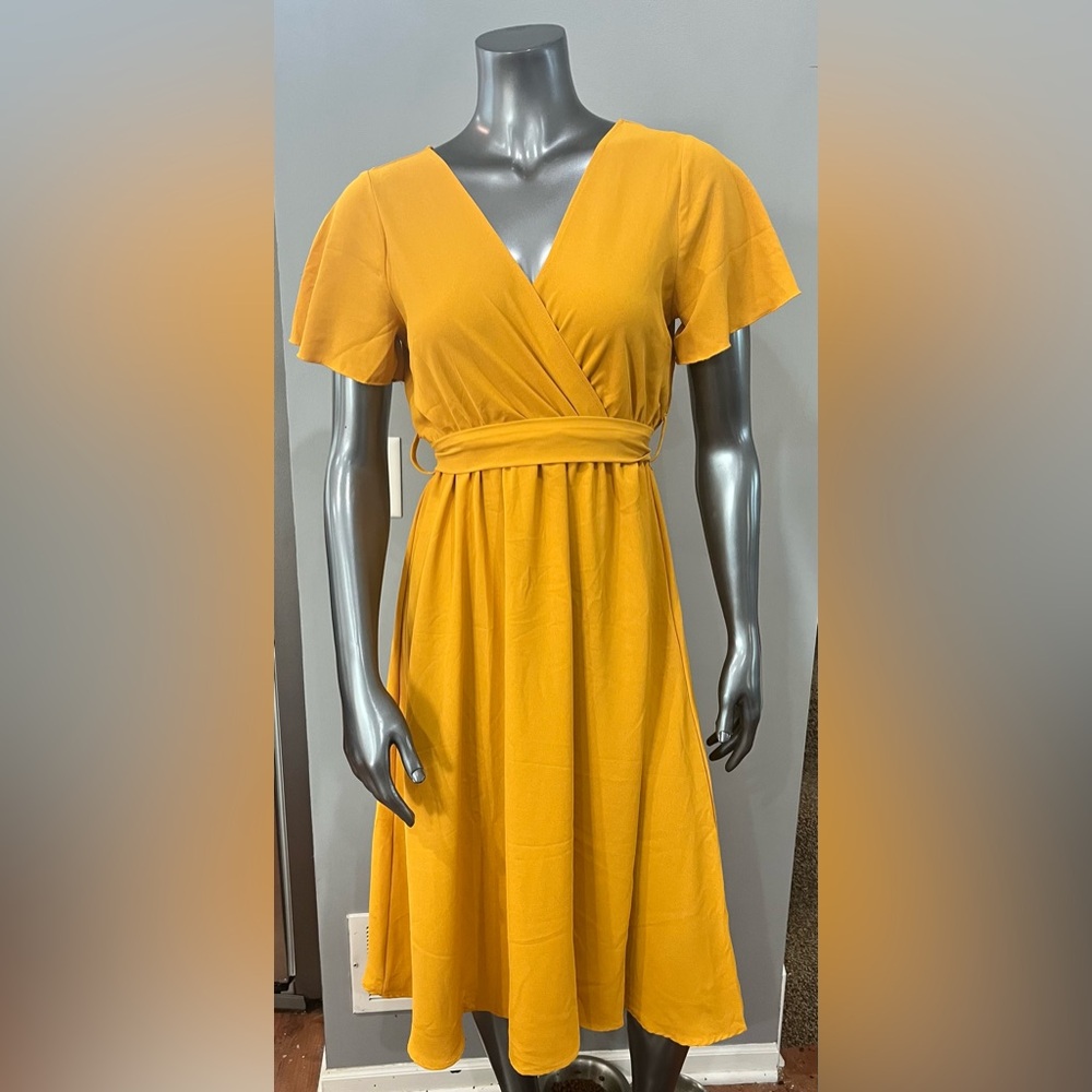 Mustard Yellow Flutter Sleeve Faux Wrap Dress Small
